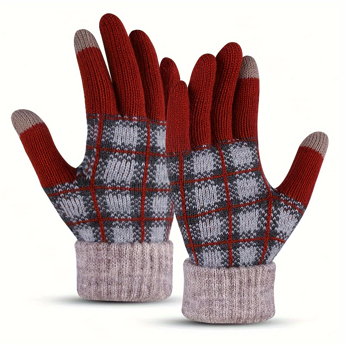 Thickened Full Finger Gloves - Warm, Touchscreen, Windproof, and Coldproof for Weekend Casual Sports - Acrylic Knit with Elasticity and Classic Contrast Color Plaid Design