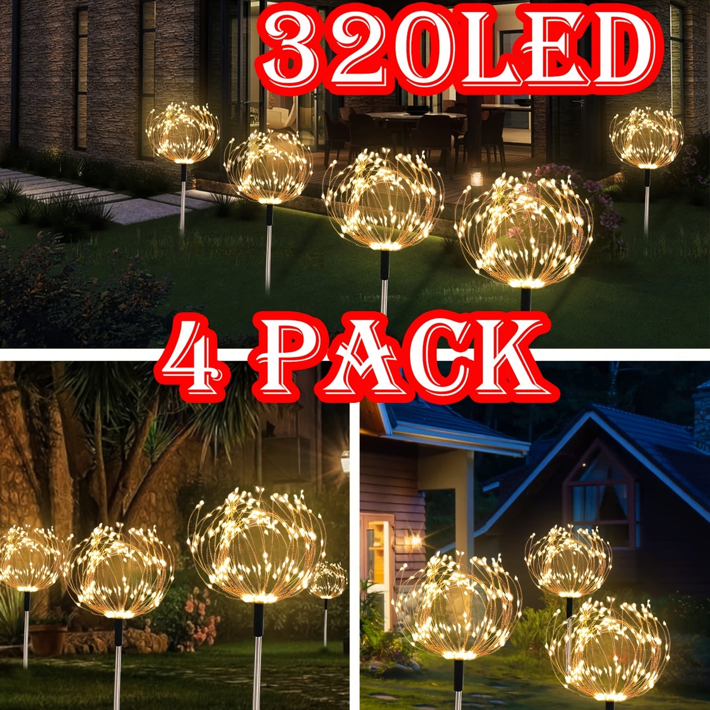 4pcs/1pc 320/240/90LED Solar Garden Lights Outdoor, Solar Firework Lights Upgraded and5 Waterproof Solar Powered Sparkler Lights For Outside With 8 Lighting Modes For Garden Yard Outdoor Decor, Halloween Christmas Decorations Outdoors (Warm White, Multico