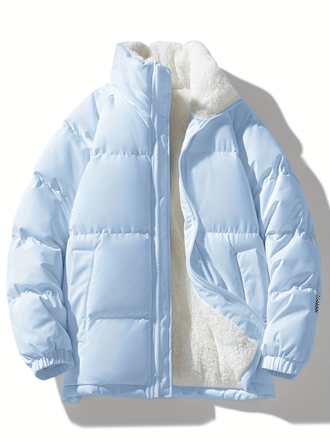 Men's Solid Puffer Coat With Pockets, Casual Breathable Stand Collar Zip Up Long Sleeve Fleece Warm Coat For Winter Outdoor Activities
