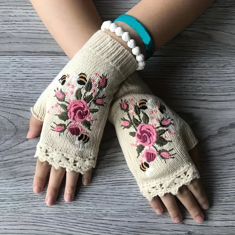 Vintage-Inspired Embroidered Floral Knit Gloves with Lace Trim - Touchscreen Compatible, Warm Half Finger Design for Women, Perfect for Fall & Winter