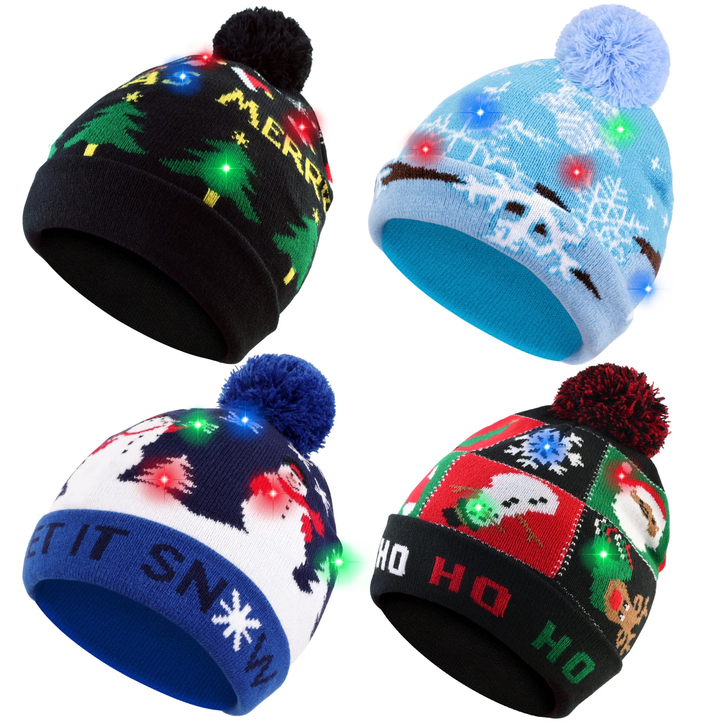 4 Pack LED Light up Christmas Beanie Hats Xmas Knitted Hat Unisex Winter Hat Flashing Cap for Adults Kids Christmas New Year