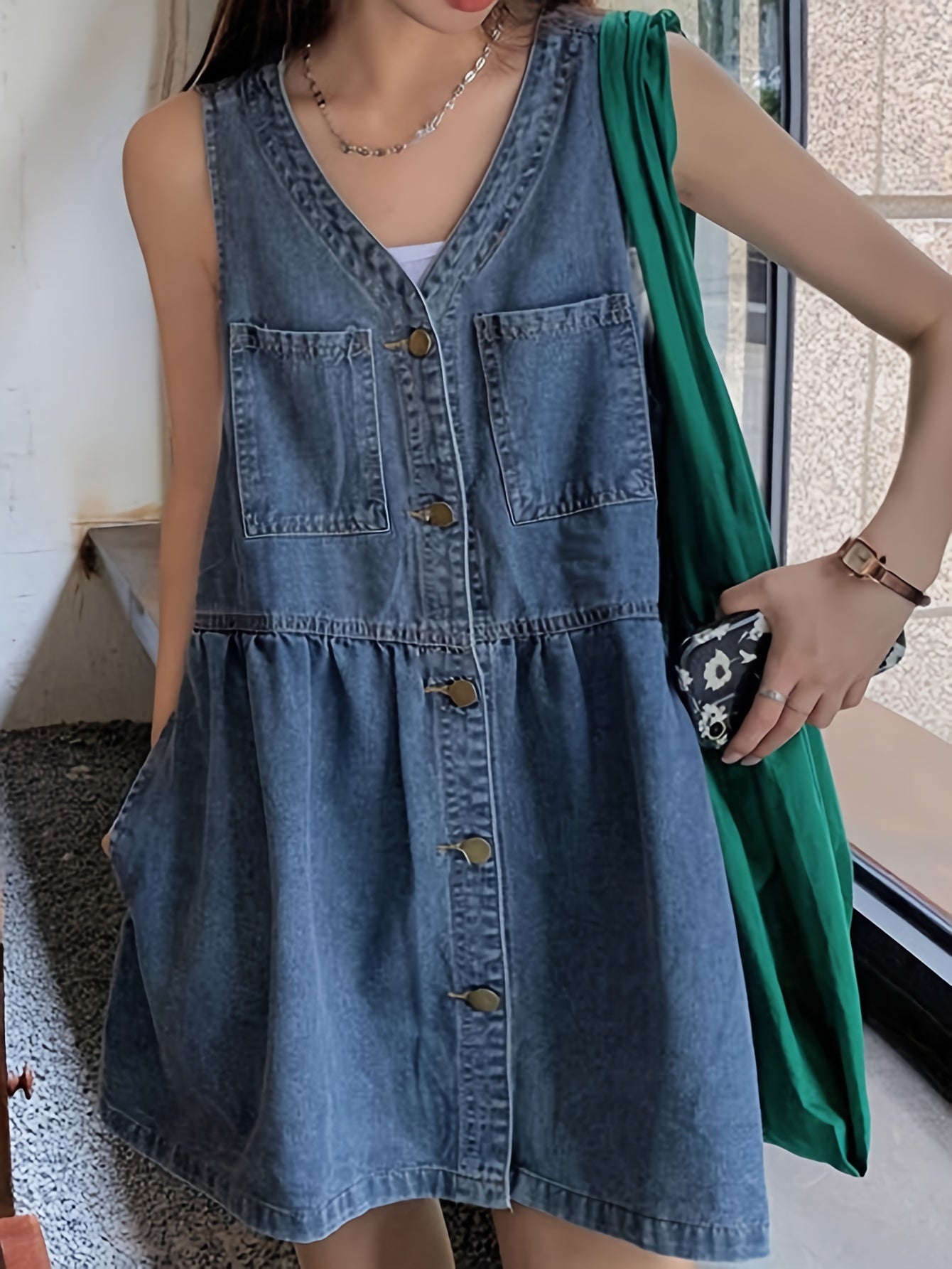 Plain Washed Blue V Neck Button Closure Sleeveless Casual Style Denim Dress, Women's Denim Jeans & Clothing