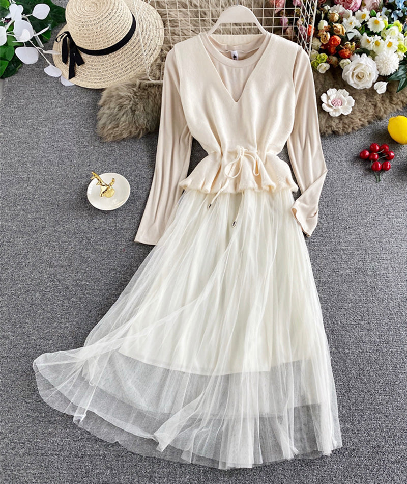 VAKKV Cute V Neck Knitted Vest+ Long Sleeve Dress Two Pieces Sets P297