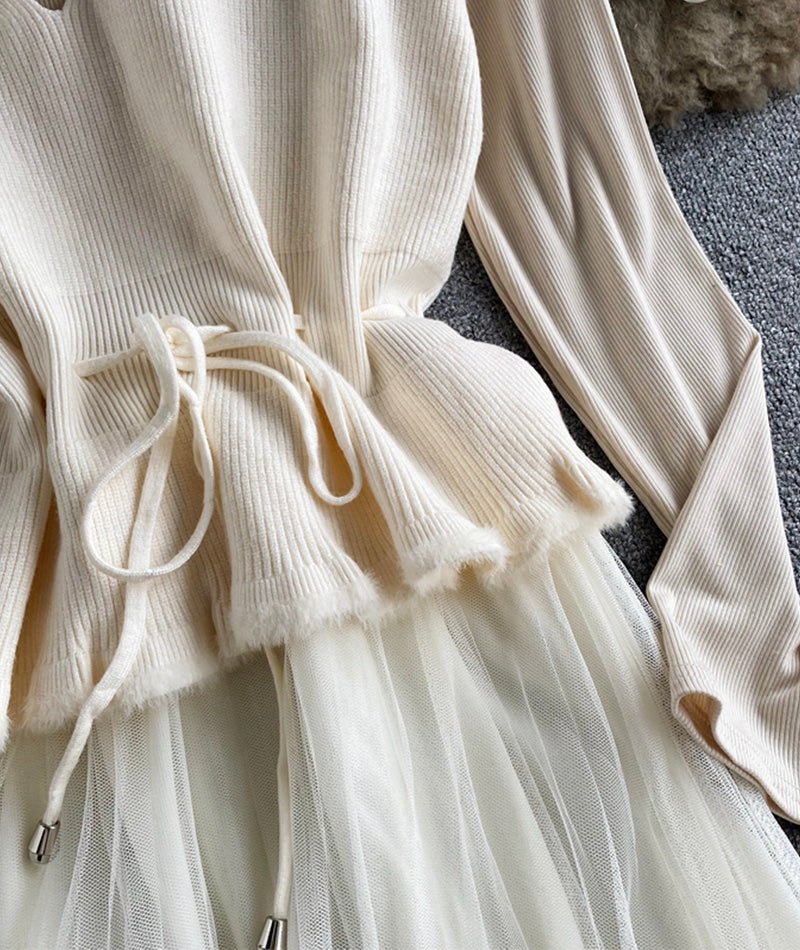 VAKKV Cute V Neck Knitted Vest+ Long Sleeve Dress Two Pieces Sets P297