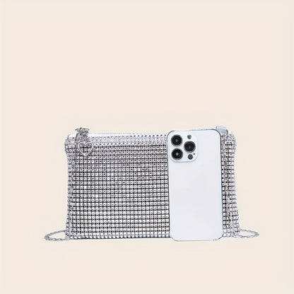 Dazzling Rhinestone Shoulder Square Bag - Shimmering Glamour, Classic Zipper & Chain Detail - Ideal for Carnaval Parties & Music Festivals, Womens Evening Bag