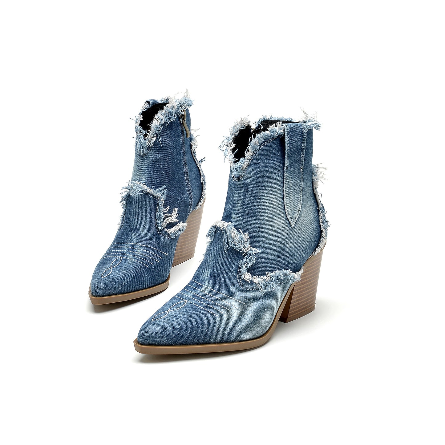 Womens Denim Western Boots - Sturdy & Stylish Chunky Heel, Pointed Toe, Side Zipper Closure - Retro Raw Trim Ankle Booties for a Cowgirl Chic Look