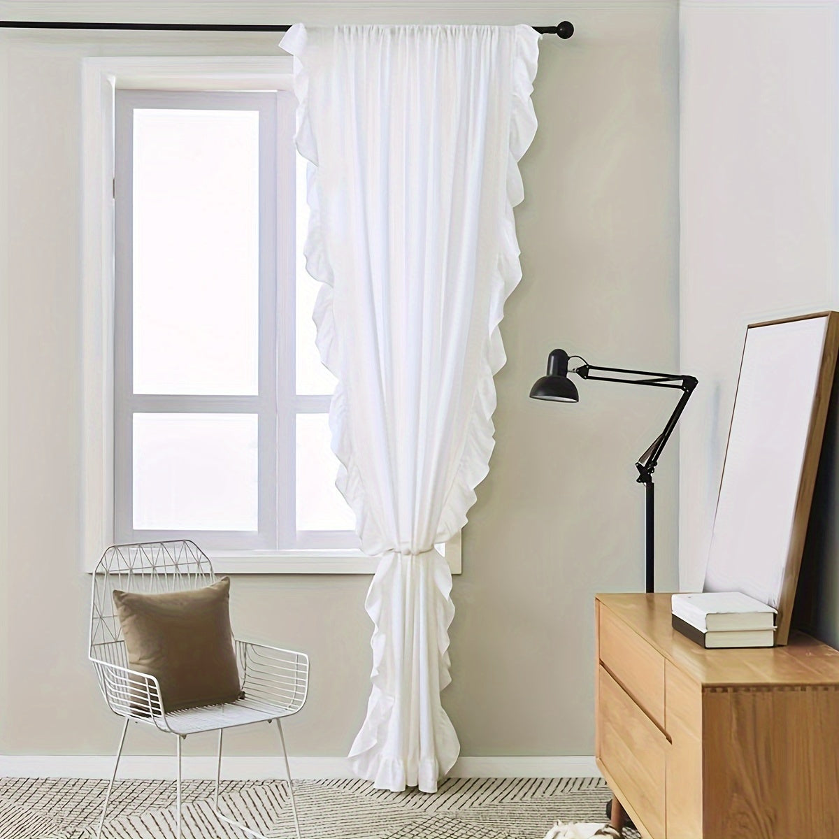 2-Panel French Romantic Ruffled Semi-Blackout Curtains - Elegant White Bay Window Balcony Decor for Living Room and Bedroom - Country Chic Home Decor with Soft Ruffles and Easy Hang Design