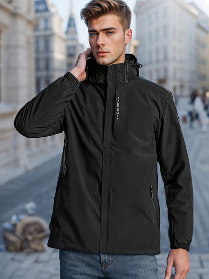 Men's Solid Color Hooded Zipper Down Windbreaker Jacket With Long Sleeve, Stand Collar And Removable Hood, Water And Wind Proof, Casual And Versatile Tops For Mountaineering And Outdoors Activities, Tops As Gifts