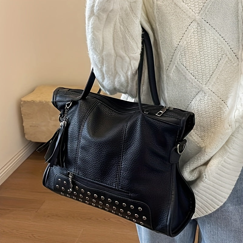 [Fast Arrival] Vintage Chic Solid Color Tassel Decor Pu Shoulder Bag - Large Capacity Tote Bag for Work, Daily, and Outdoor Use - Stylish Commuter Bag with Tassel Accents and Spacious Interior