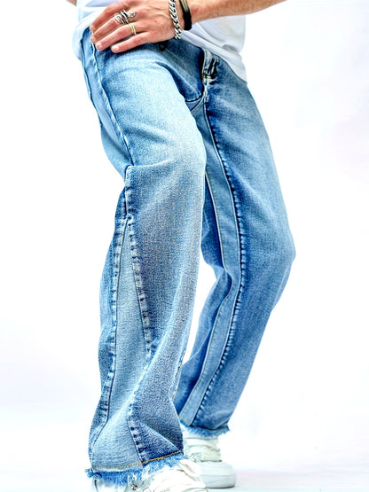 Stylish Spliced Straight Leg Jeans - Men's Fashionable Loose Fit Casual Pants with Personalized Touch - Versatile, Comfortable, and Trendy