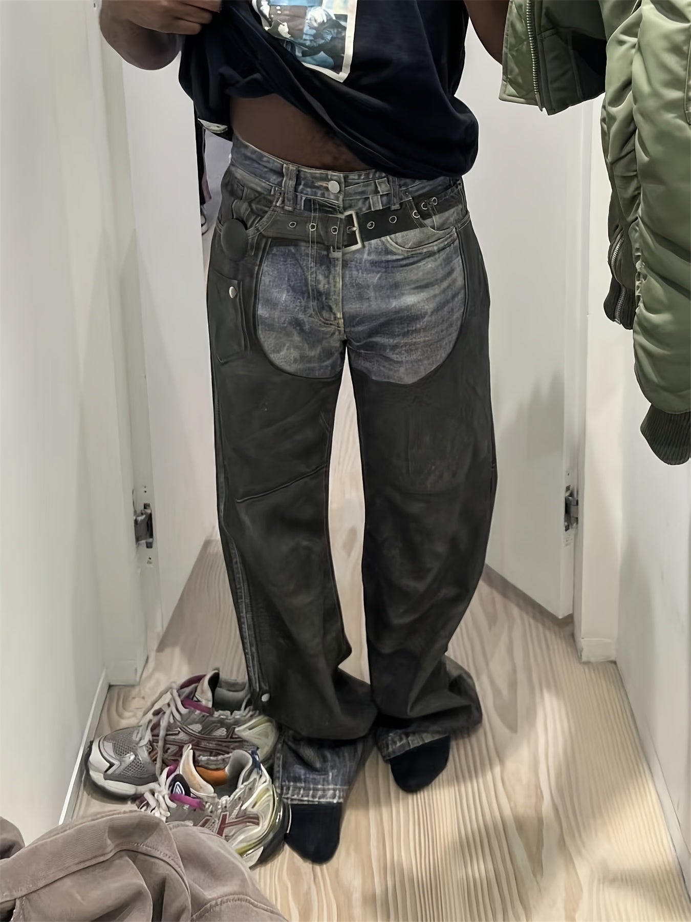 SS24 Straight Casual Button Print, Straight Spray Wash, Loose Men's And Women's AC Style Trendy Jeans, High Street Trend