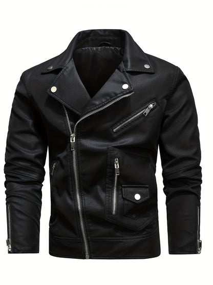 Mens Long Sleeve Lapel Thermal PU Leather Jacket with Zipper Pocket - Water-Resistant, Windproof, and Warm for Fall and Winter Outdoor Activities - Perfect for Casual Weekend Getaways and Going Out