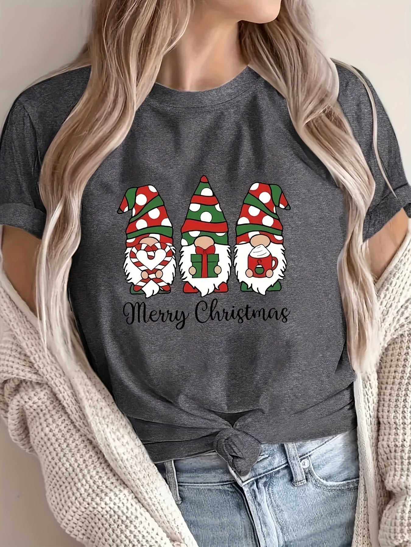 1pc Women'S Plus Size Merry Christmas Cartoon Gnomes T-Shirt, Casual Crew Neck Short Sleeve Top with Slight Stretch, Polyester Knit Fabric Pullover for All Seasons