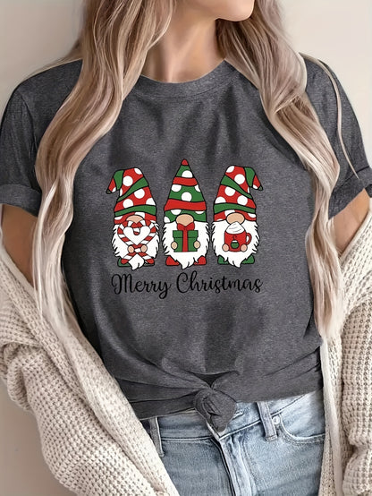 1pc Women'S Plus Size Merry Christmas Cartoon Gnomes T-Shirt, Casual Crew Neck Short Sleeve Top with Slight Stretch, Polyester Knit Fabric Pullover for All Seasons