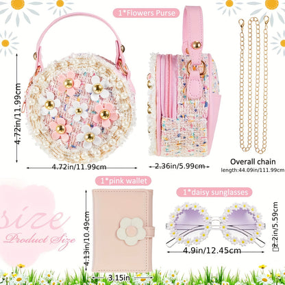 [Fast Arrival] 3-Piece Outus Flower Clutch Wallet Set: Includes Glasses Case, Wallet, and Mini Shoulder Bag with Floral Design