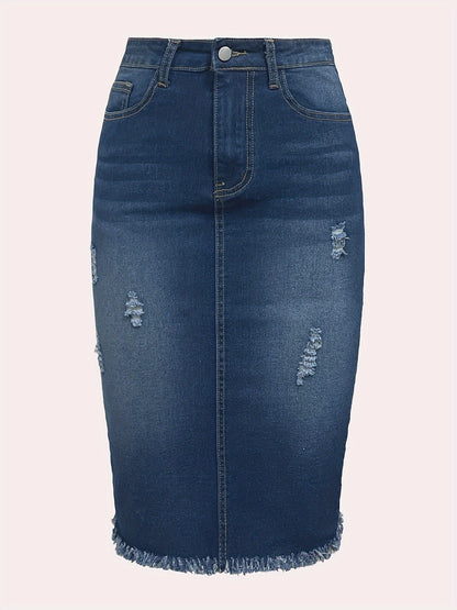 Chic Knee-Length Blue Denim Skirt for Women - Frayed Hem, Ripped Detail, Casual Streetwear Staple for Everyday Fashion