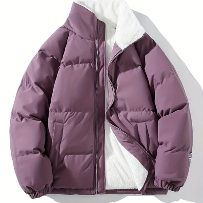 Men's Solid Puffer Coat With Pockets, Casual Breathable Stand Collar Zip Up Long Sleeve Fleece Warm Coat For Winter Outdoor Activities