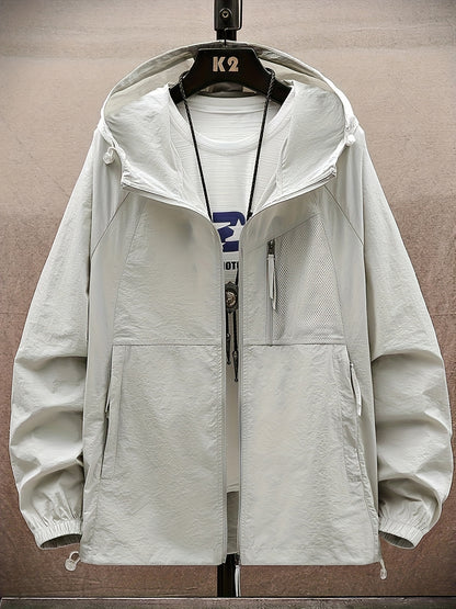 Men's Solid Color Hooded Long Sleeve Zipper Down Sun Protection Jacket With Pockets, Lightweight And Comfy Jacket Suitable For Outdoors Wear