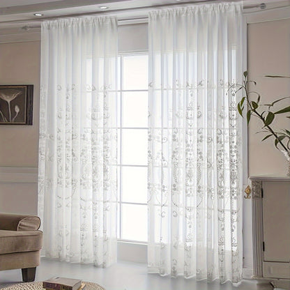 1pc Elegant White Embroidered Sheer Curtain - Simple Geometric Flower Pattern, Rod Pocket Design, Embroidered Yarn Fabric, Filters Soft Light, Adds Elegance to Living Room, Bedroom, Home Decor - Easy Care, Machine Washable