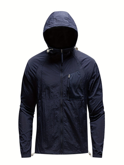Men's Solid Color Hooded Long Sleeve Zipper Down Sun Protection Jacket With Pockets, Lightweight And Comfy Jacket Suitable For Outdoors Wear