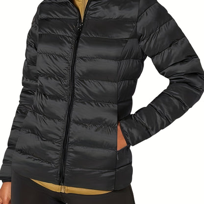 Zipper Stand Collar Slant Pockets Puffer Jacket, Casual Long Sleeve Jacket For Winter, Women's Clothing