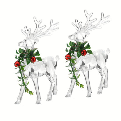 2pcs Vibrant Acrylic Reindeer Ornaments - Clear Deer Figurines with Red Bells, Sparkling Tabletop Decorations for Holiday Table Centerpiece, Christmas Decor, Festive Home Decorations, Indoor Decor
