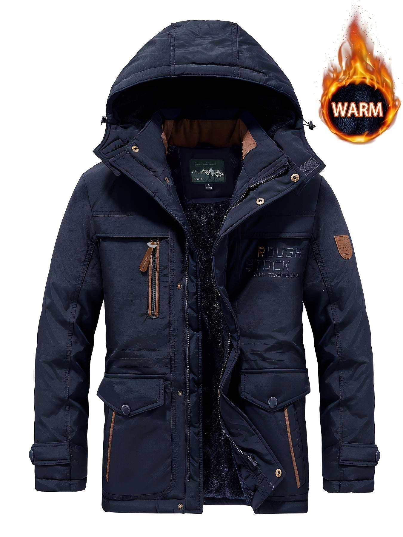 Men's Letters Pattern Hooded Faux Down Jacket, Comfy Warm Trendy Long Sleeve Thickened Faux Down Coat As Gift For Winter
