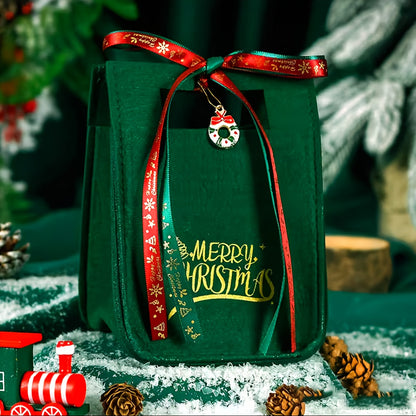 Rustic Christmas Candy Gift Felt Tote Bag for Women, Vintage Style, Non-Washable, Solid Color, Red & Green, No Lining, Cartoon Print, with Fixed Straps and Snap Closure, No Embellishments