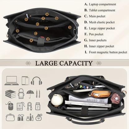 2pcs 15.6 Inch Laptop Bag Set for Women - Professional Work Tote Bag with Clutch Purse, Large Office Computer Bag, Teacher Bag, Shoulder Bag, Black