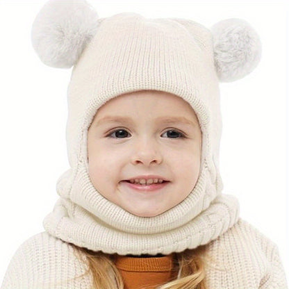 1pc Toddler Winter Beanie Hat Scarf, Kids Winter Warm Knit Hat With Pom, Children Soft Warm Beanie For Little Boys Girls Caps