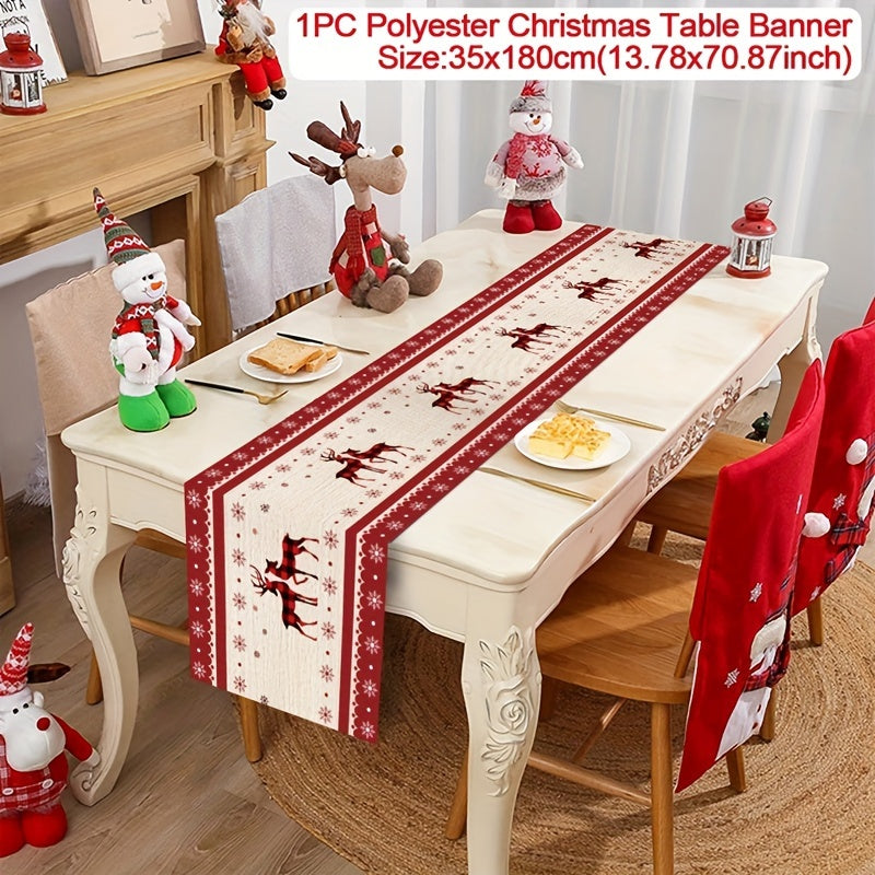 1pc, Festive Elk Christmas Table Runner, 70.87x13.78inch Polyester Table Flag, Merry Christmas Home Decor, Natal Noel Navidad Ornament, New Year Gifts, Xmas Party Table Cover, Holiday Table Decor, Rectangular Non-Woven Material, Polyester Cover
