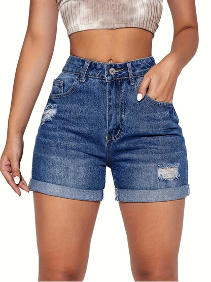 Women's High waisted Fashion Tight Stretch Slim Ripped Holes Short Jeans High Quality Shorts