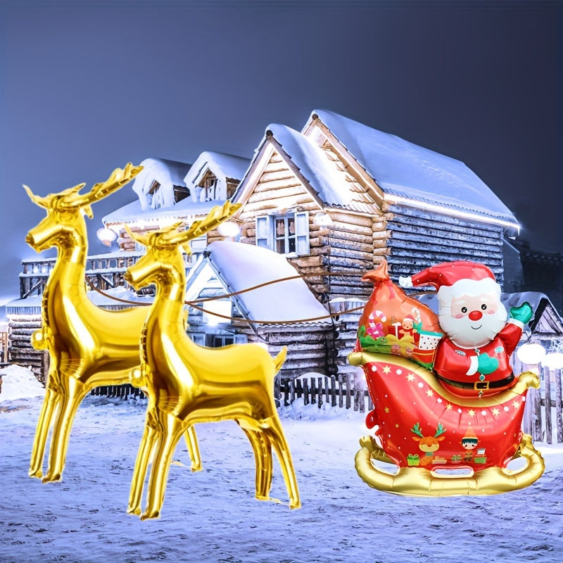 2Pcs Christmas Reindeer Sleigh Santa Balloon Set, 32" Golden Reindeer & Red Sled with Santa, Self-Sealing Aluminum Film Balloons for Christmas & New Year Party Decorations, Winter Holiday Decoration, No Electricity Needed
