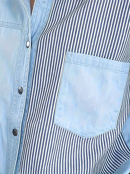 Long Sleeve Relaxed Fit Womens Denim Shirt Top - Soft Non-Stretch Fabric, Casual Polo Style, Color Block Patchwork Blue with Striped Details, Spring/Summer Collection, Button Front, Woven Construction