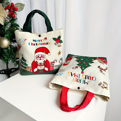 1pc Festive Canvas Tote Bag, Merry Christmas & Happy New Year 2025 Design, Santa Claus & Reindeer Print, Holiday Gift & Grocery Handbag, Uncharged, Durable Material