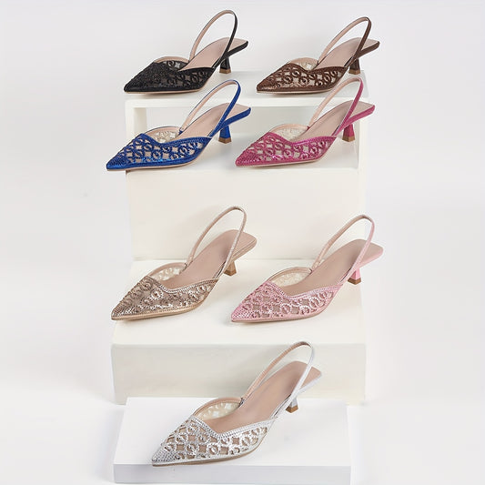 Chic & Comfortable All-Season Kitten Heels with Sparkling Rhinestones, Pointed Toe, and Breathable Mesh Design
