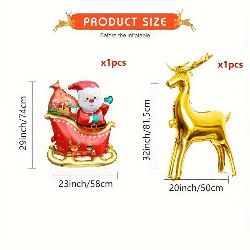 2Pcs Christmas Reindeer Sleigh Santa Balloon Set, 32" Golden Reindeer & Red Sled with Santa, Self-Sealing Aluminum Film Balloons for Christmas & New Year Party Decorations, Winter Holiday Decoration, No Electricity Needed