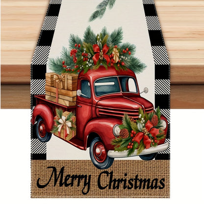 Yuletide Bliss, Merry Christmas Table Runner - Buffalo Plaid with Truck & Tree Design, Polyester, Perfect for Holiday Dining Decor, 13" x 72
