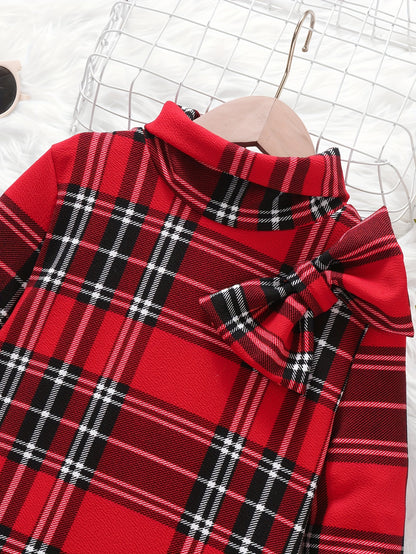 Charming Classic Plaid Long Sleeve Bow Decor Dress for Girls - Vintage-Inspired, Soft and Cozy, Perfect for Spring, Fall, Winter, and Christmas Gift Ideas