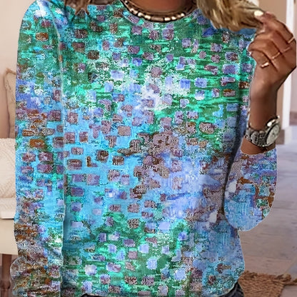 Womens Stylish Allover Print Crew Neck Sweatshirt - Soft & Breathable for Spring & Fall - Long Sleeve, Fashionable Comfort