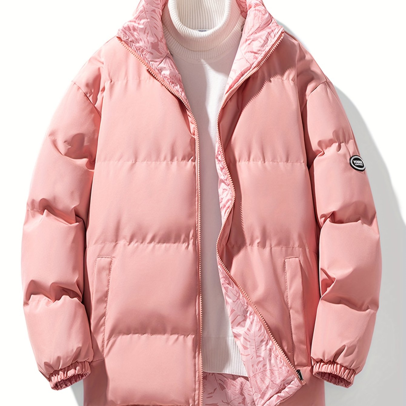 Men's Reversible Thick Jacket, Stand Collar Long Sleeves Full-Zip Down Jacket, Casual Fit Winter Wear