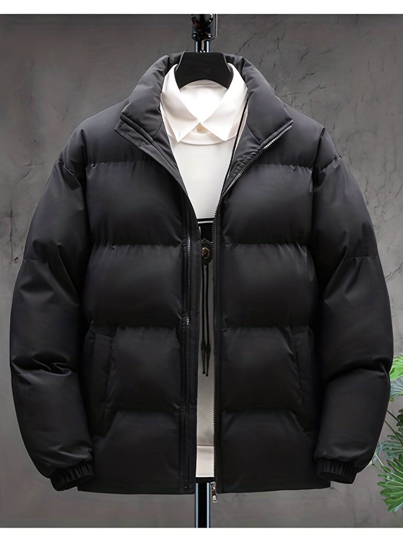 Plus Size Mens Puffer Jacket - Vibrant Solid Color, Classic Band Collar, Warm and Comfortable Design for Fall and Winter Seasons - Mens Clothing Essential