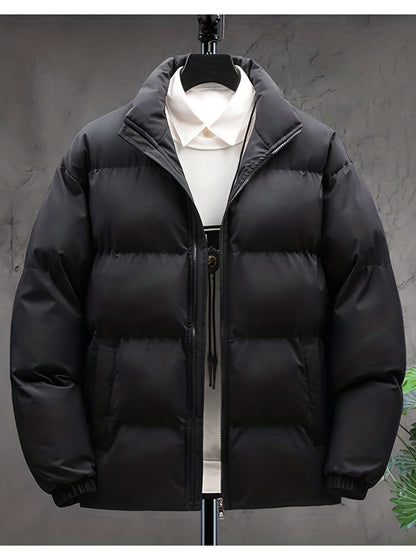 Plus Size Mens Puffer Jacket - Vibrant Solid Color, Classic Band Collar, Warm and Comfortable Design for Fall and Winter Seasons - Mens Clothing Essential
