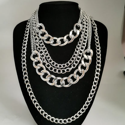 HOT and NEW Cross Border Ornament Simple Punk Hip Hop Mix and Match Necklace Women's Exaggerated Multi-Layer Tassel Thick Chain Necklace