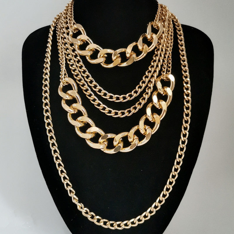 HOT and NEW Cross Border Ornament Simple Punk Hip Hop Mix and Match Necklace Women's Exaggerated Multi-Layer Tassel Thick Chain Necklace
