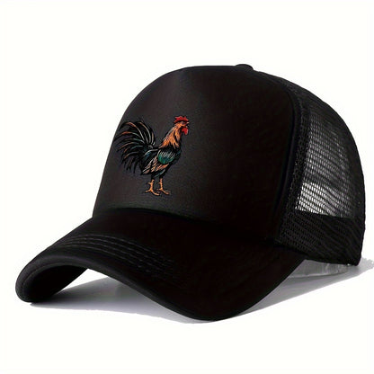 Retro Rooster Print Curved Brim Baseball Cap - Breathable Mesh Trucker Hat with Snapback Closure, Perfect for Casual Leisure Outdoor Sports, Unisex Fashion Accessory for Summer, Spring, and Fall