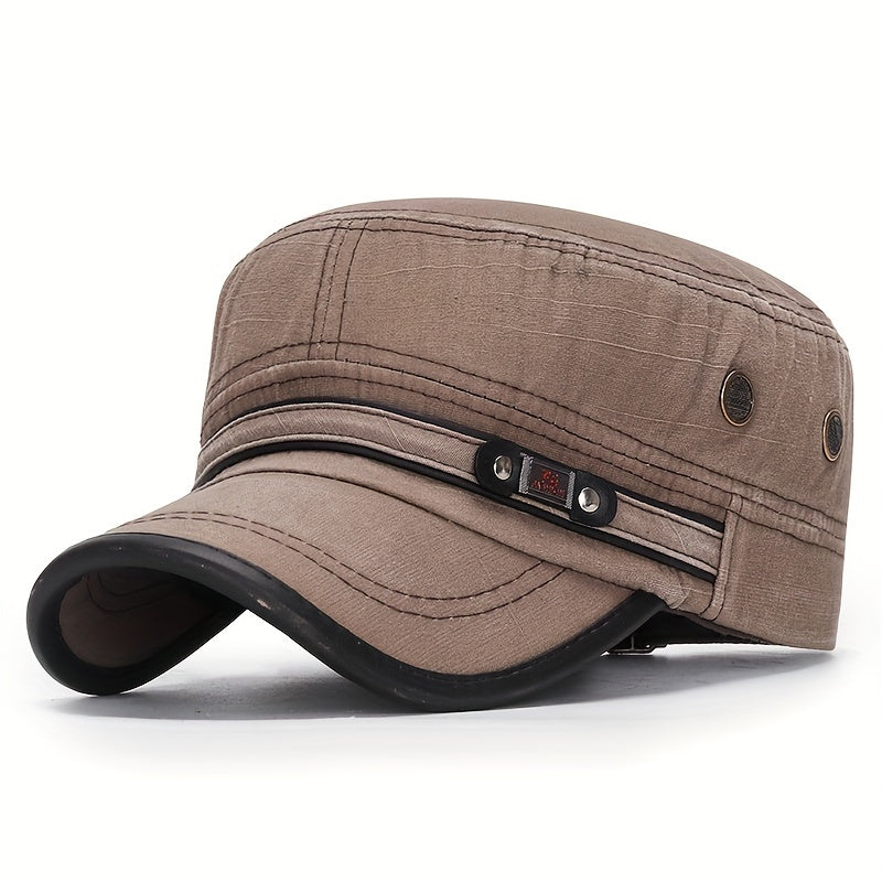 Stylish Unisex Leather Flat Top Hat - Men's Accessories, Military-Inspired Baseball Cap with Sun Protection, Adjustable One-Size-Fits-Most Design, and Vintage Washed Look