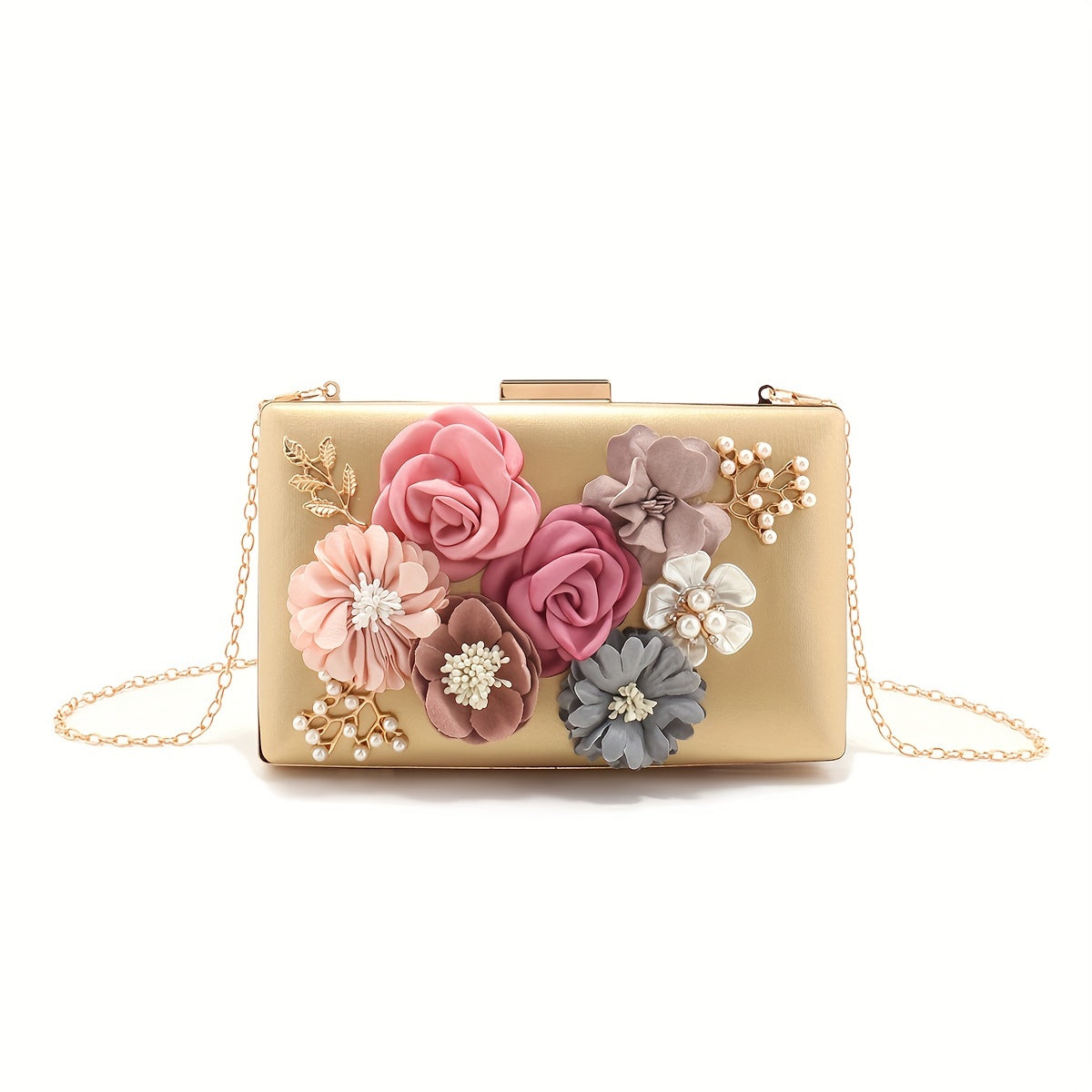 Glittering 3D Flower Evening Clutch - Stylish Womens Purse for Weddings & Parties - Dazzling Chain Strap Handbag with Delicate Floral Embellishment