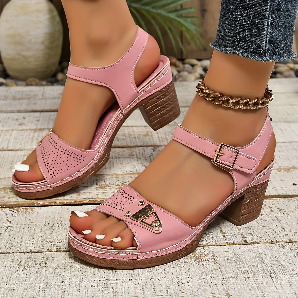 Womens Sandals - Timeless Solid Color Casual Style with Adjustable Ankle Buckle Strap, Elevated Platform, Soft Cushioned Sole, Trendy Cut Out Design, and Comfortable Metallic Chunky Heels for Daily Wear