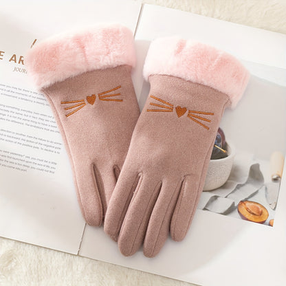 Cozy Women's Suede Gloves with Cute Cat Design - Warm Fleece-Lined Winter Gloves with Plush Cuffs, Touchscreen Compatible & Windproof